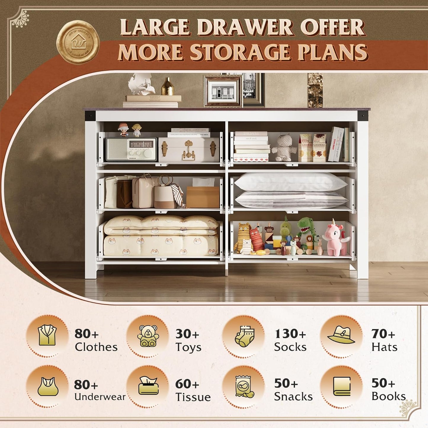 WLIVE Farmhouse 6 Drawer Dresser for Bedroom, 53.07'' Wide Wood Dresser, White Dressers Storage Organizer with Double Rustic Handle, TV Stand for 60 inch TV, Chest of Drawers for Living Room, Hallway