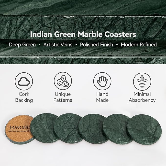 Dark Green Marble Coasters Set of 6, Modern Luxury Drink Coaster for Coffee Table, 4 Inch Round Polished Verde Stone Coasters with Intricate Veins – Heat Resistant, Non-Slip, Housewarming Gift