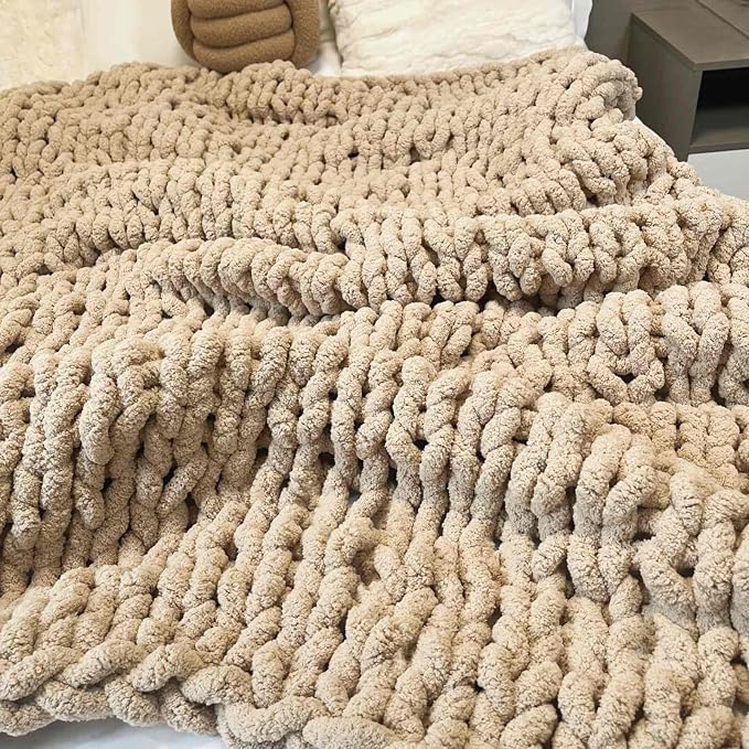 Soft Chunky Knit Throw Blanket for Couch, Cozy Warm Knitted Blankets | Hand Knit with Jumbo Chenille, Lightweight Warm Fluffy Decor for Women, Mom, Her & Girls, Sofa, Chair, Bed, 40"x60" (Tan)