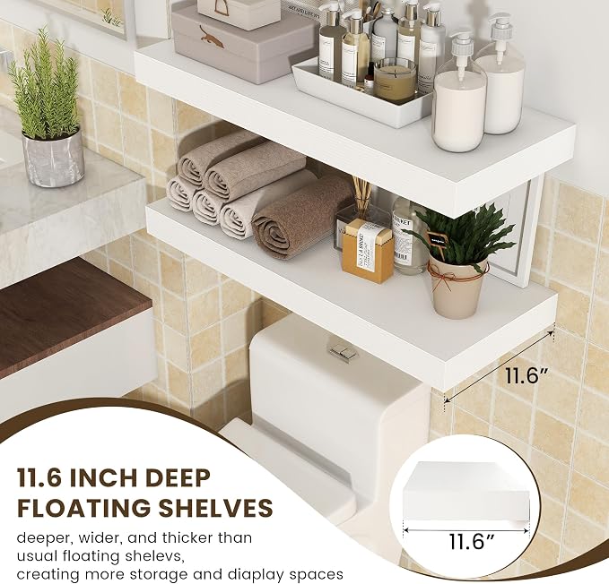 FLYJOE Deep Floating Shelves, 30 Inch White Shelves Set of 2 | 12 Inch Deep Shelves for Wall, 30'' x 12'' Rustic White Wood Shelves for Bathroom Living Room Laundry Room Kitchen