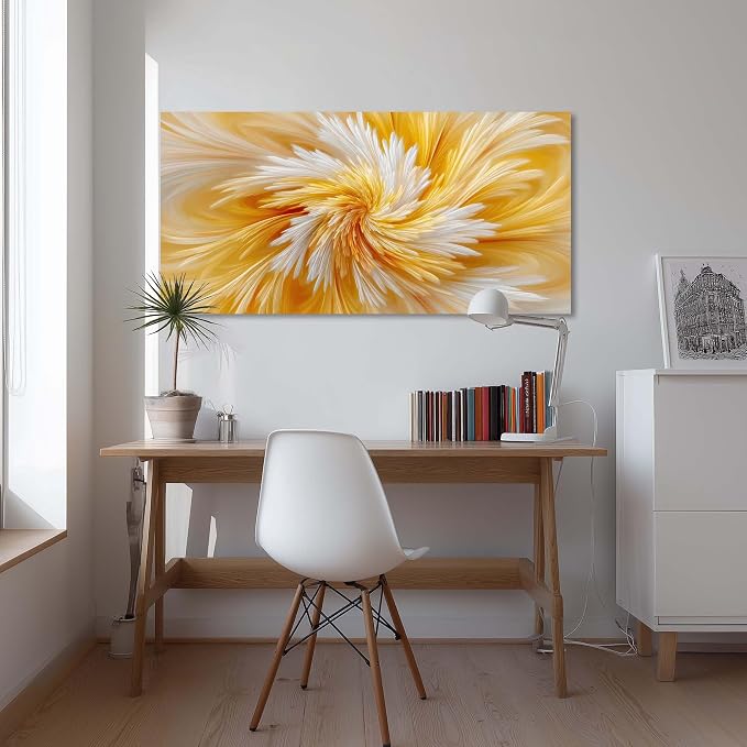 Ggaafet Yellow Abstract Wall Art for Living Room Canvas Painting Prints Warm Soft Radial Feather Art Deco Modern Artwork Office Bedroom Family Room Decor Extra Large