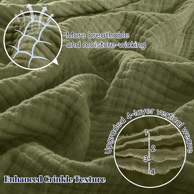PHF 100% Cotton Muslin Blanket Twin XL Size 66"x90", 4-Layer Lightweight Gauze Throw, Breathable Cloud-Soft Minimalist Blanket for Bed, Couch, Camping & Baby, Olive Green, Ideal Gift