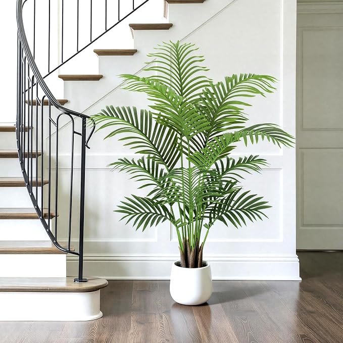 4ft Artificial Palm Tree Tall Faux Palm Tree Indoor Large Fake Plants with 12 Trunks Artificial Plants with White Pot Lifelike Leaves for Home Office Decor Living Rooms Bedrooms