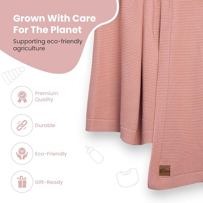 Dalisa 100% Organic Turkish Cotton Throw Blanket – GOTS Certified, Cozy, with Reusable Cotton Gift Bag – Perfect for Couch, Bed, and Home Decor – Boho Vintage Knit Alina (Pink, 80x90)