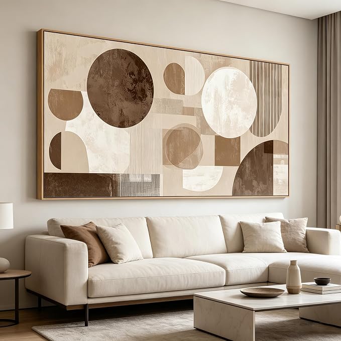 Sorbrozo Mid Century Modern Abstract Geometric Wall Art with Wood-Colored Frame Boho Sun and Moon Canvas Painting Neutral Earth Tone Pictures for Living Room Bedroom Home Office Indoor Decor 24x48 inch