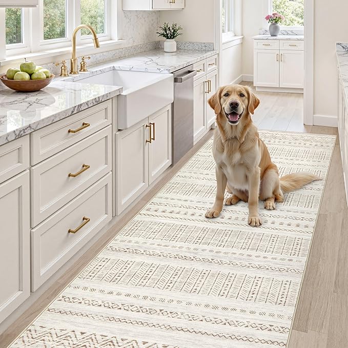 cotiled Hallway 3x10 Runner Rugs: Washable Boho Rugs with Non Slip Backing Large Soft Indoor Stain Resistant Carpet for Living Room Bedroom Farmhouse Dining Room Lightweight Home Decor Brown/Cream