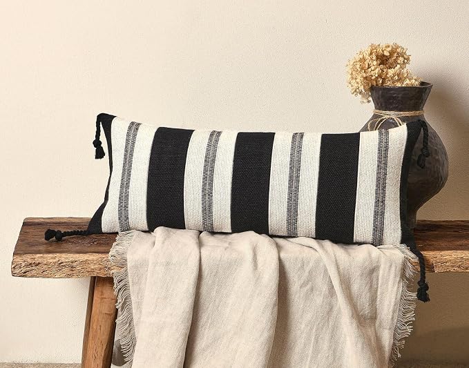 Decorative Lumbar Pillow Cover 12x28, Handwoven Boho Long Body Pillowcase, Farmhouse Linen Cotton Pillow Cushion Case for Sofa, Bed, Living Room, Bedroom(Black and White)