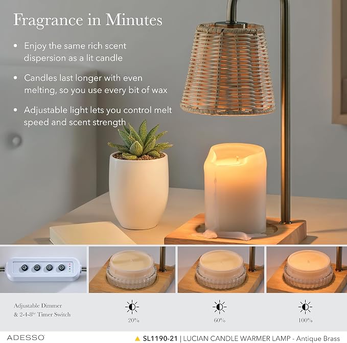 Adesso Candle Warmer Lamp – Flameless Candle Melter with Adjustable Timer & Dimmable Light, Bulb Included, Antique Brass Base & Rattan Shade, for Home, Dorm, or Office