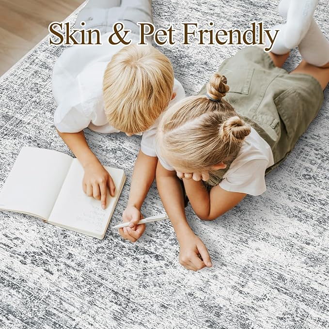 Soalmost Washable Area Rug 8x10, Large Soft Rugs for Living Room Farmhouse Vintage Gray Area Rugs for Bedroom Dining Room Non-Slip Stain Resistant Under Table Rug Grey