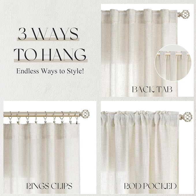 Jowels Sand Beige Linen Curtains 84 Inch Long 2 Panels for Living Room | Light Filtering Semi Sheer Curtain, Back Tab Pocket Pleated Look, Boho Farmhouse Textured Privacy Drapes for Bedroom Window