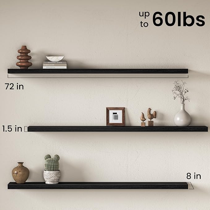 72" Floating Shelves for Wall, Set of 2, 8" Deep, 1.5" Thick, Black | Rustic Wood Wall Shelves with Invisible Brackets, Storage and Display for Bathroom, Bedroom, Living Room or Kitchen