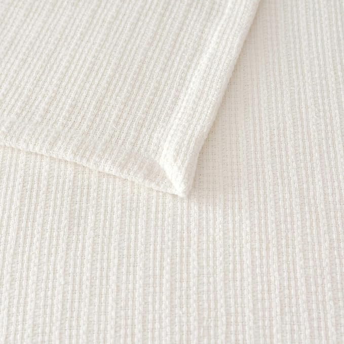 Martha Stewart - Queen Bed Blanket, 100% Cotton Textured Basket Weave Bedding, Breathable & Lightweight Blanket for Couch or Bed, Bedford Tile White