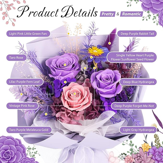 Flowers for Delivery Prime, Mothers Day Gifts for Mom, Preserved Flower Bouquet, Purple Roses Birthday Gifts for Women Her Wife Girlfriend Grandma, Real Forever Flower for Valentines Day Anniversary