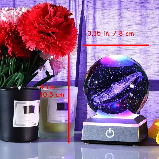 Ornalrist 3.15" K9 Crystal 3D Solar System Ball with Silver LED Colorful Lighting Touch Base, Engraving Solar System Star Planet Model, Science Universe Astronomy Gifts for Astronomy Lovers