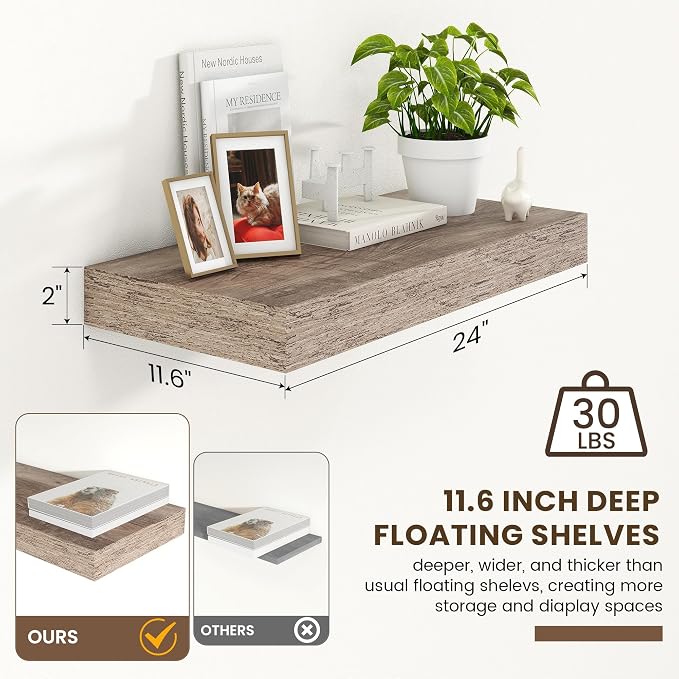 FLYJOE 24'' Grey Floating Shelves, 12 Inch Deep Shelves for Wall Set of 1 | 24'' x 12'' Rustic Grey Wood Shelves for Framhouse Living Room Bathroom Kitchen Laundry Room