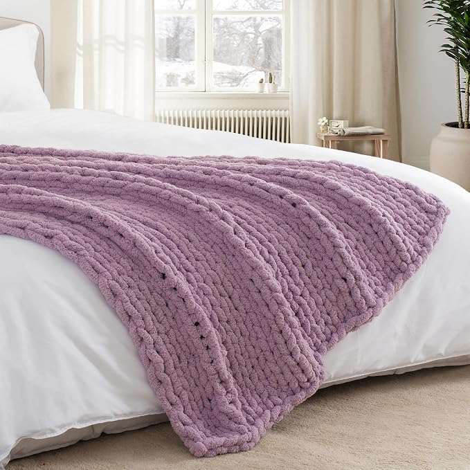 Chunky Knit Throw Blanket 60x80, 100% Handmade Chenille Yarn | 6.7lbs Soft Thick Cable Knitted Blankets, Large Rope Knot Crochet Throws for Couch Sofa Bed Machine Washable, Purple