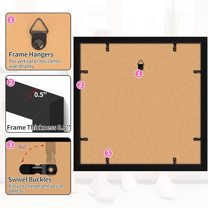 12x12 Picture Frame 2 Pack, Black Photo Frames Collage for Wall Hanging, 12 x 12 Square Wall Gallery Poster Frame with Clear Plexiglass, Display Pictures 8x8 with Mat or 12x12 Without