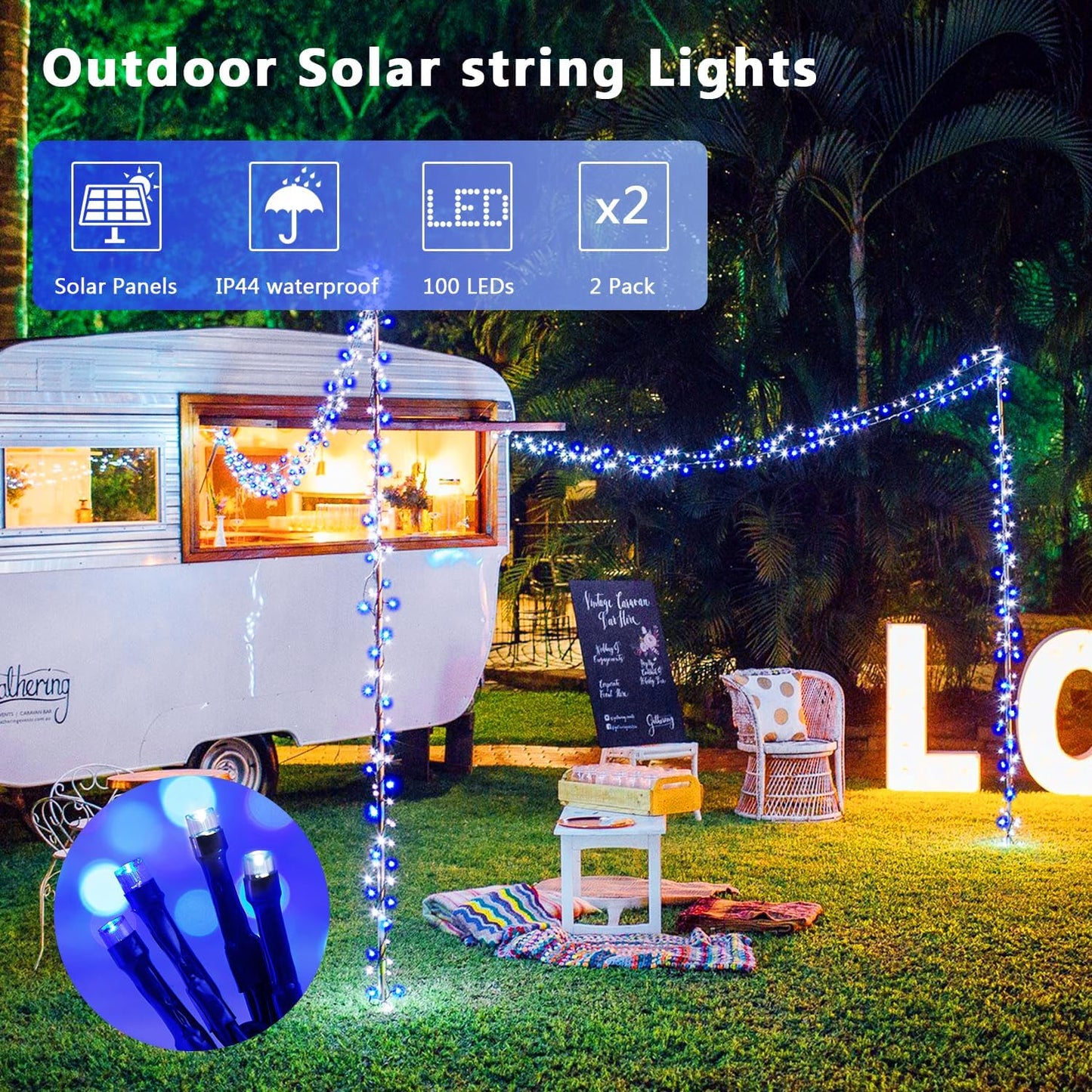 JMEXSUSS 2 Pack Blue & White Solar String Lights, Each 100 LED 33ft, Waterproof, 8 Modes for Outside Garden Patio Party Decoration