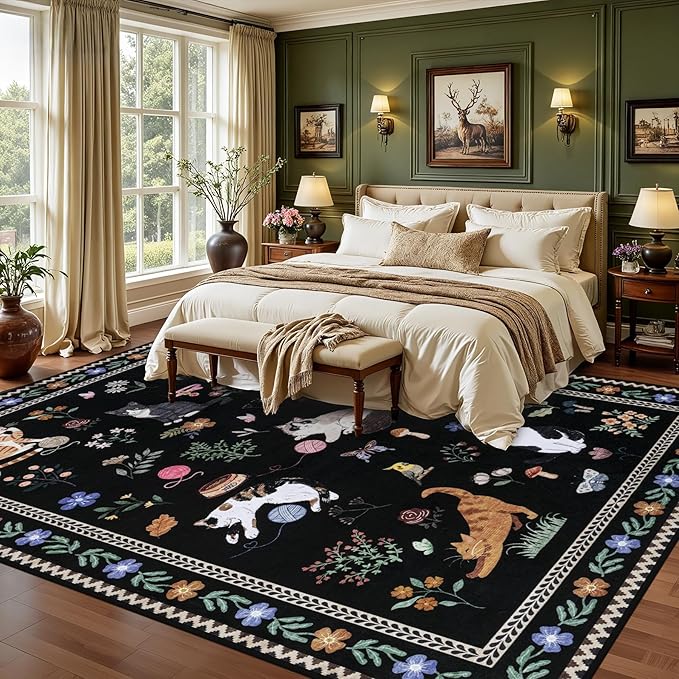 6x9 Area Rugs Living Room Rug: Vintage Washable Rug Floral Soft Carpet Indoor Floor Non-Slip Boho Stain Resistant Large Carpets for Bedroom Kids Nursery Dining Room Farmhouse Home Office Black/C01