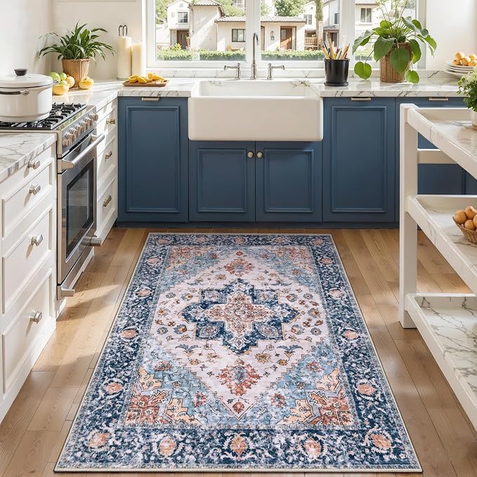 SERISSA Boho Area Rugs for Entryway, 3x4 Washable Non-Slip Kitchen Rug, Ultra Soft Print Distressed Blue Orange Rug Low-Pile Throw Door Mat Indoor Entrance Carpet for Bedroom Living Room Dorm Decor