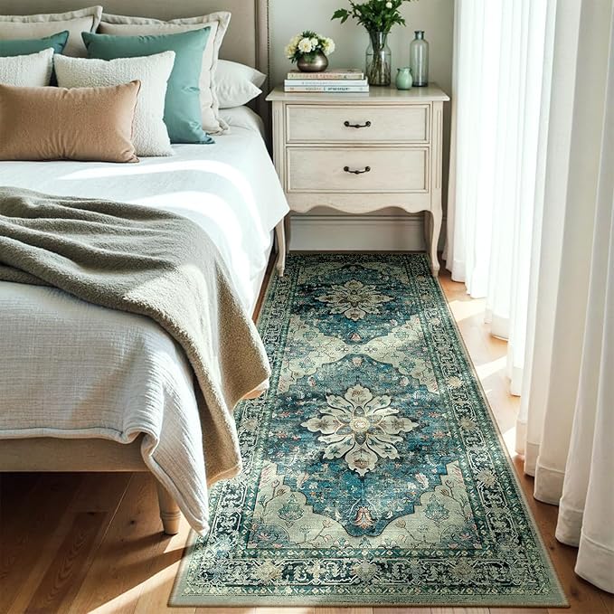 RELEANY Area Rugs 3'x8' Runner Rug Non Slip Washable for Kitchen Hallway Bedroom Beside Laundry Room Bathroom Rug, Floor Carpet, Dark Blue Vintage