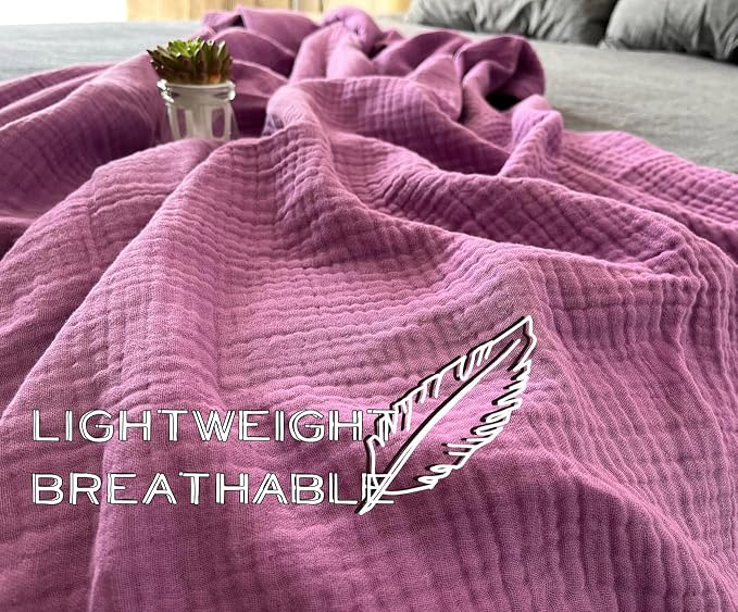 KyraHome 100% Organic Cotton Throw Blanket 60"x80" Large Muslin Blanket for Couch,Pre-Washed Plant Dyed, Breathable Lightweight Gauze Summer Blanket, All Season (Lavender Purple)