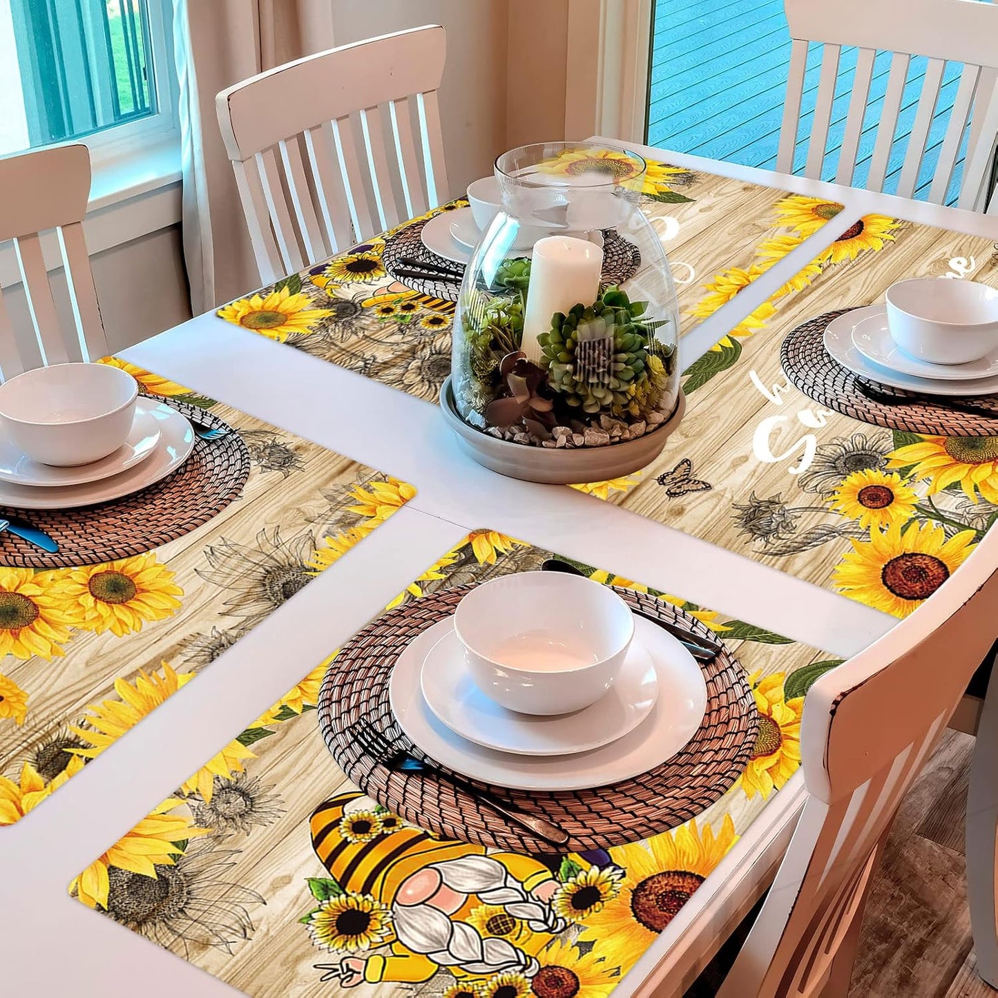 Sunflower Placemats Set of 6 Sunshine Plastic Table Mats Vintage Sunflower Theme Place Mats Summer Holiday Washable Table Placemats for Indoor Outdoor Party Kitchen Dining