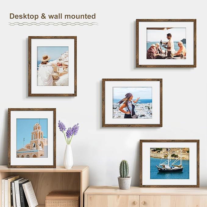 PEALSN 11x14 Picture Frame Set of 6, Display Pictures 8x10 with Mat or 11x14 without Mat for Wall Mounting or Table Top Display, Photo Frames Collage for Wall Decor, Rustic Brown