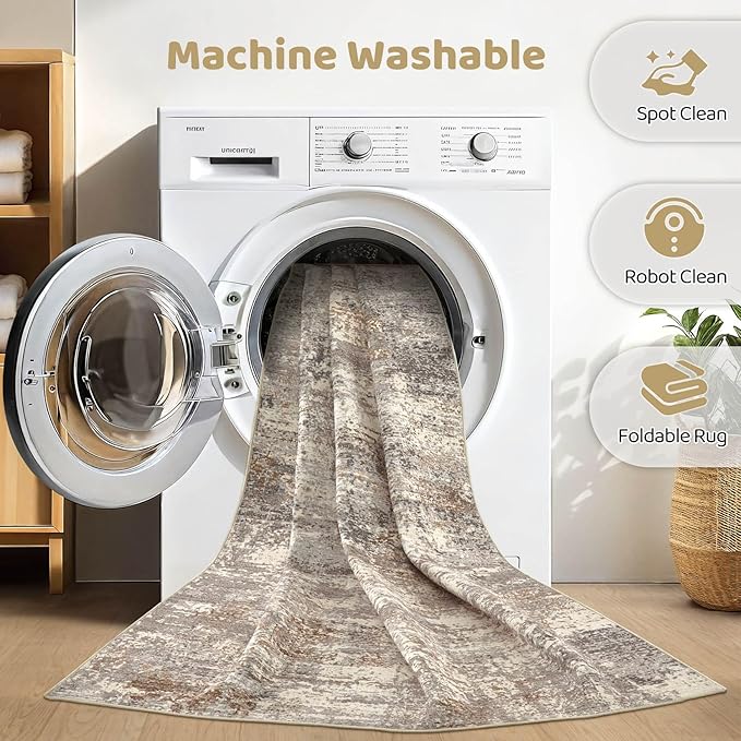 10x12 Area Rug Living Room: Washable Large Abstract Neutral Modern Soft Rug Stain Resistant Indoor Floor Non-Slip Accent Carpet for Bedroom Nursery Playroom Dining Room Office Home- Sand Brown Black