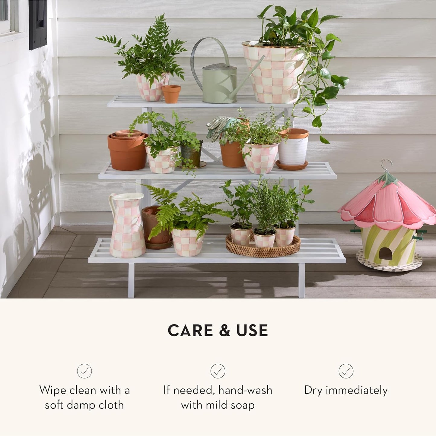 MACKENZIE-CHILDS Enamel Herb Pots, Small Plant Pots for Herbs or Flowers, Set of 3, Pink-and-White Rosy Check