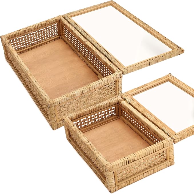 Amyhill Set of 2 Rattan Decorative Box with Glass Lid Rectangular Natural Woven Cane Stacking Display Boxes for Home Decor Rustic Shelf Organizer(15.4 x 9.5 x 7.1 Inch, 12.6 x 6.7 x 4.3 Inch)
