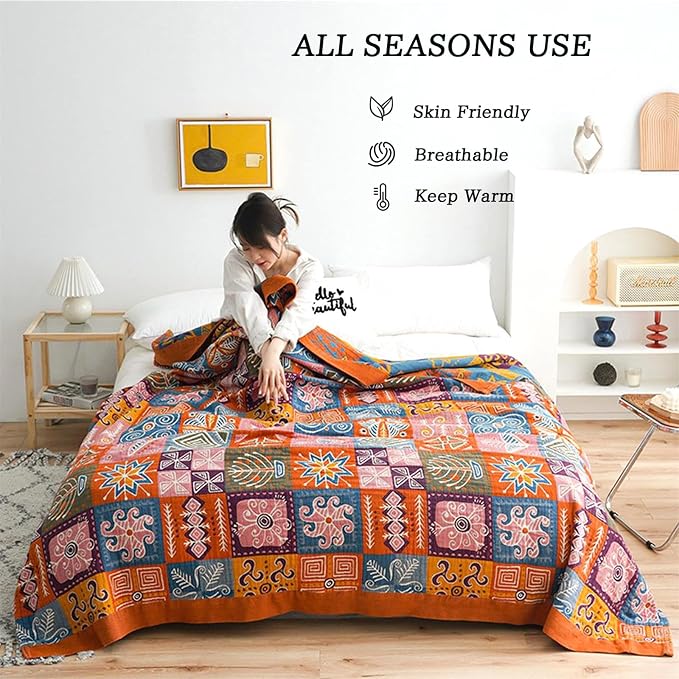 MSGKV Summer Cotton Throw Boho Blanket for Couch Bed, 60"x80" Muslin Brathable Lightweight Travel Decor Blanket for Bedroom