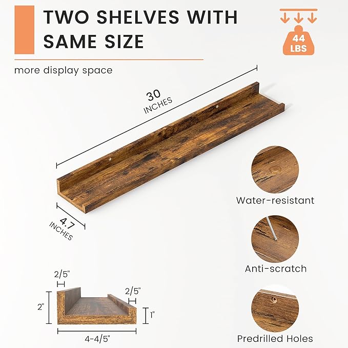 FLYJOE Picture Ledge Shelf, Floating Shelves Set of 2, 30 Inches Nursery Book Shelves for Toys Storage, Kids Bookshelf Wall Mounted for Living Room Bedroom Decor Books Photo Frames, Rustic Brown