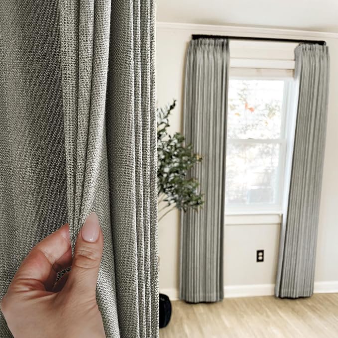 Pinch Pleated Linen Curtains 90 Inches Long for Living Room Bedroom 2 Panels Rustic Grey Thick Linen Textured Pinch Pleat Hooks Rings Back Tab Memory Trained Semi Sheer Drapes 90 Inch Length