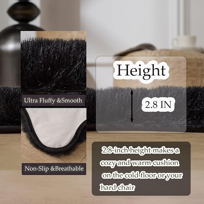 1700GSM Fuzzy Faux Sheepskin Fur Area Rug,Extra Soft Faux Fur Mat,Fluffy Shaggy Fur Rug for Bedroom Living Bedside Rug Room Decor-Black, 2 x 3 ft