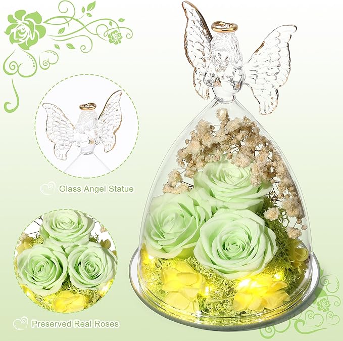 Mothers Day Rose Gifts for Women Preserved Flowers in Glass Angel Forever Flowers Gifts Eternal Roses Gifts for Grandma, Green