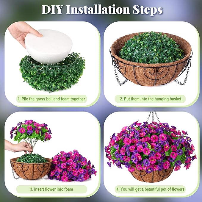 Ammyoo Artificial Fake Hanging Flowers with Basket, Faux Silk Morning Glory Flower Arrangement for Spring Summer Decor, Hanging Plant for Patio Garden Porch Outdoor Decor