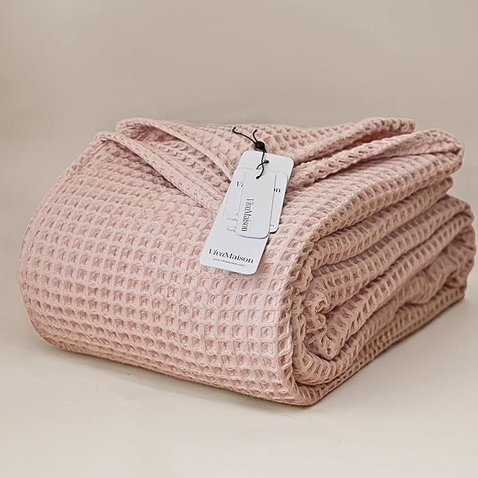Premium Waffle Throw Blanket Twin Size Pink - Premium Quality, 100% Turkish Cotton, Light and Airy Waffle All-Season Quilt - Luxury Decorative Bedspread (Pink Powder, Twin 63" x 91" Inch)