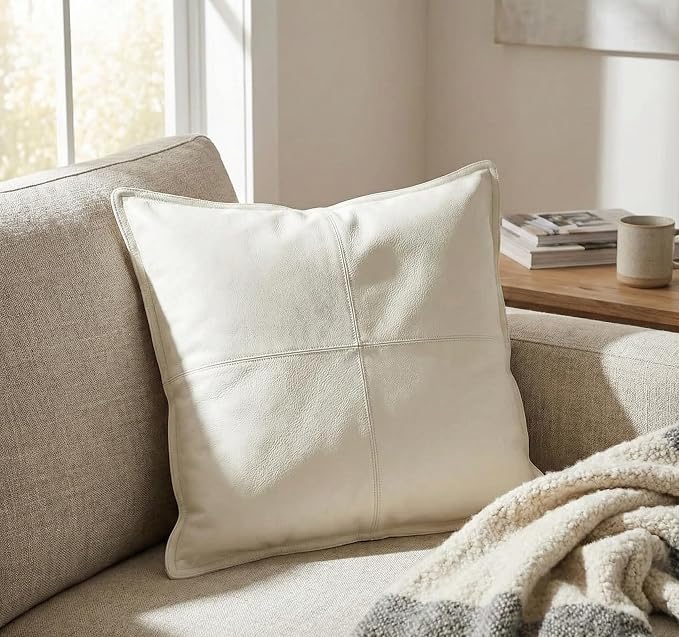Genuine Leather Pillow Cover Case for Lumbar Throw Couch Pillows - Farmhouse Decorative Modern Sofa Thick & Soft Cushion Covers (White, 24" x 24")