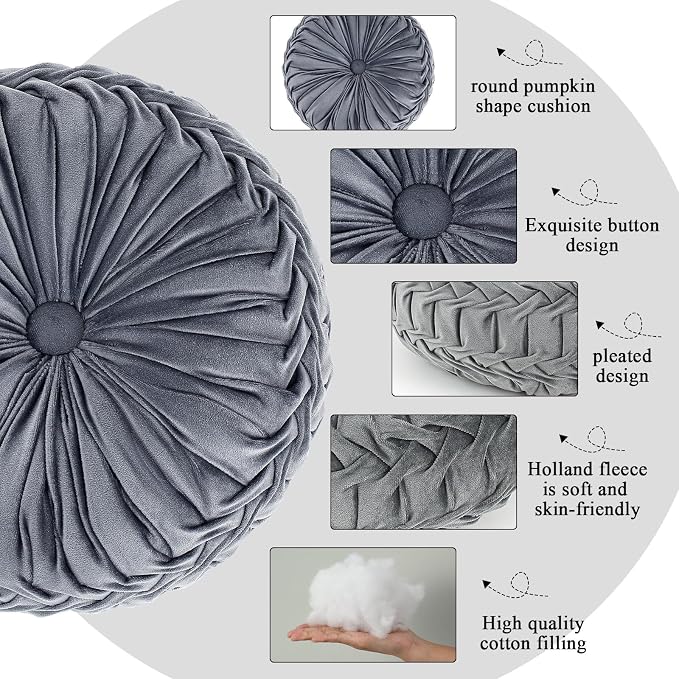 Drydiet 3 Pcs Round Throw Velvet Pillows Decorative Pleated Throw Pillows Diameter Accent Pumpkin Boho Chair Cushion for Couch Sofa Home Decoration (Black,White,Gray,15'')
