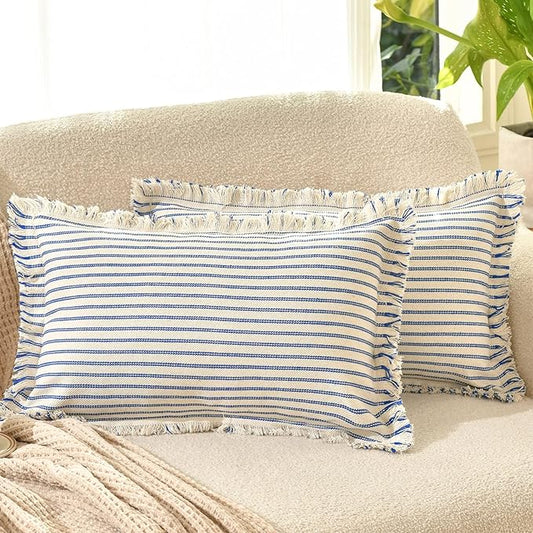 ZWJD Throw Pillow Covers 12x20 Set of 2 Striped Pillow Covers with Fringe Chic Cotton Decorative Pillows Square Cushion Covers for Sofa Couch Bed Living Room Farmhouse Decor, (Blue)