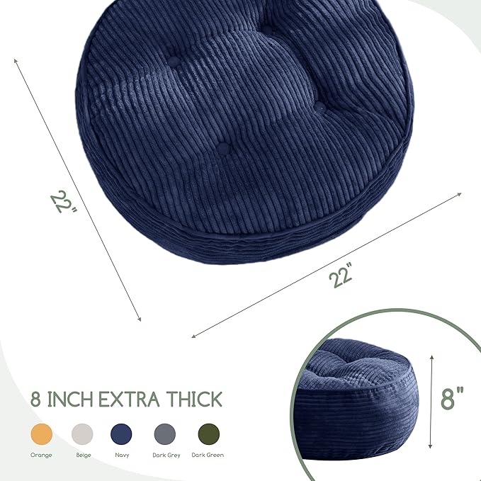 HIGOGOGO 8" Extra Thick Floor Pillow Cushion for Adults, Meditation Cushion Pillow, Large Round Floor Sitting, Tufted Corduroy Cover, for Tatami Living Room or Yoga, 22x22 Inch, 2Pack, Navy