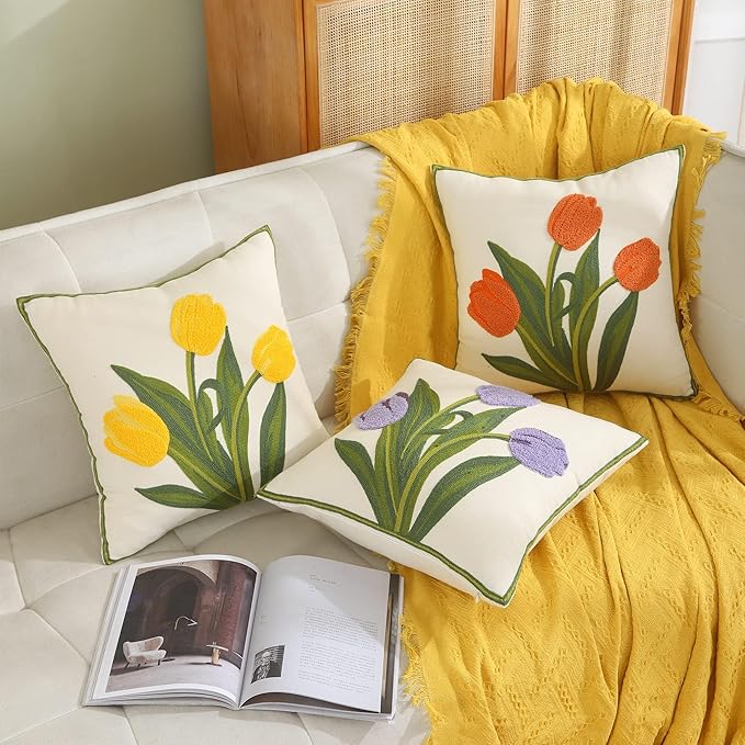 Spring Pillow Covers 16x16 inch Pack of 2 Yellow Tulip Flower Embroidery Throw Pillow Covers Square Farmhouse Floral Summer Decor Pillow Case for Couch Cotton Canvas Cushion Cover