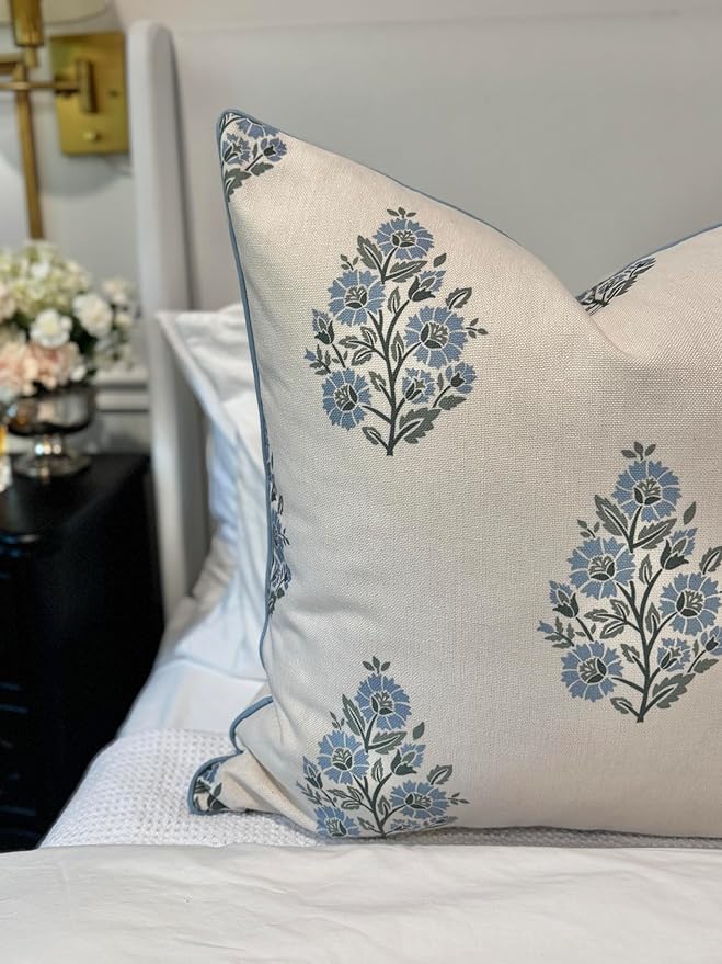 Jillien Harbor “The Camille” Decorative Pillow Cover – Blue & Whitel Floral Block Print Pillow Cover – Grandmillennial Home Decor, 24" x 24"