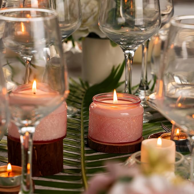 4 oz Pink Mandala Glass Candle Jars with Bamboo Lids, 18 Pack | Patented Embossed Design, Includes Wick Centering Devices & Warning Labels, Multiple Color Options