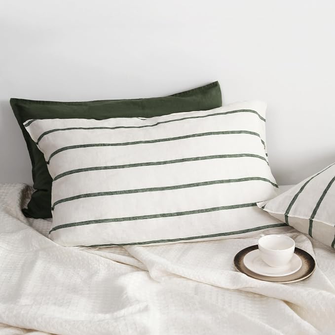 Linen World Striped Linen Pillow Cases Set of 2,20"x40" King Size,100% French Natural Flax Soft Summer Pillow Cases,Olive Green and Cream Stripe