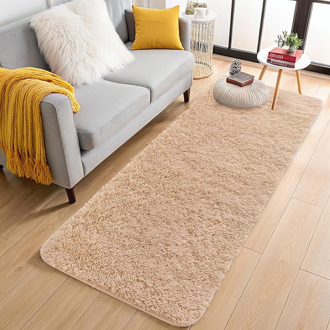 OLANLY 2x9 Machine Washable Runner Rugs for Hallway, Soft Fluffy Shaggy Bedside Rugs for Bedroom, Living Room, Indoor Floor Carpet for Kids Girls and Boys, Nursery Rooms, Home Decor Aesthetic, Beige