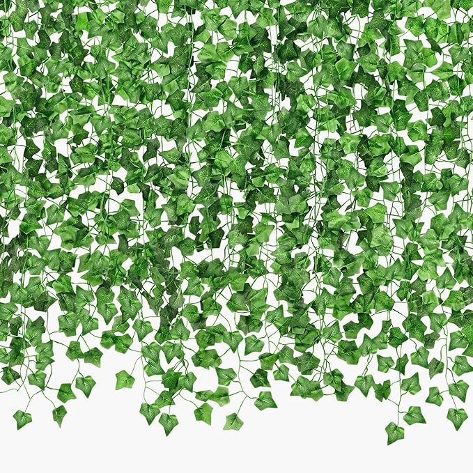 CQURE 140 Pack 980Ft Artificial Ivy Garland,Ivy Garland Fake Vines UV Resistant Green Leaves Fake Plants Hanging Vines for Home Kitchen Wedding Party Garden Wall Room Decor