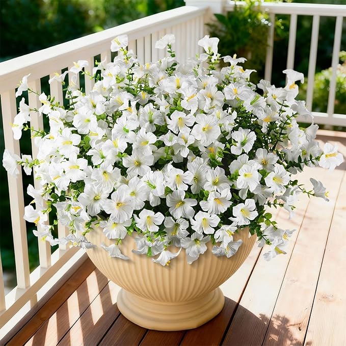 INQCMY Artificial Fake Petunias Flowers for Outdoors Spring Summer Decoration, 12 Bundles Faux Flower Plants UV Resistant White Realistic Silk Flower for Outside Planters Patio Porch Yard Window Box