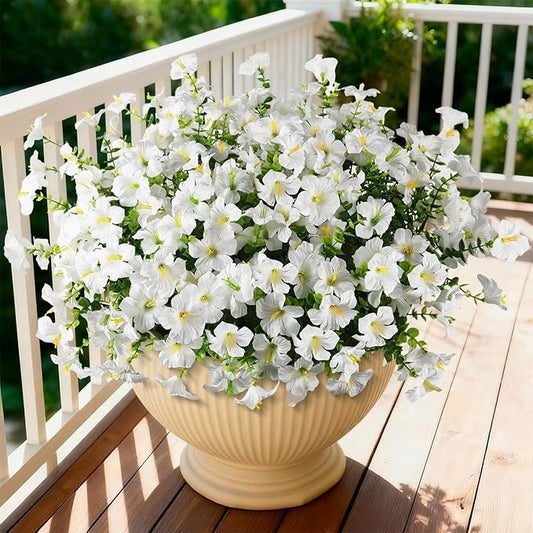 INQCMY Artificial Fake Petunias Flowers for Outdoors Spring Summer Decoration, 12 Bundles Faux Flower Plants UV Resistant White Realistic Silk Flower for Outside Planters Patio Porch Yard Window Box